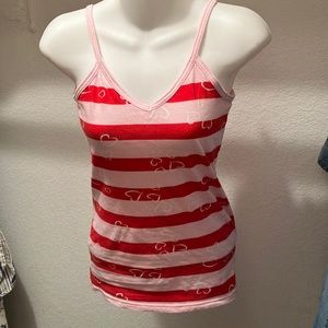 Tank Top V Neck Front Rounded Back Hip Length Red & Pink Stripes w/Hearts Size S